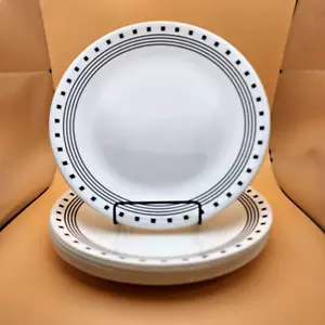 Corelle City Block Black Rings and Squares Vitrelle Dinner Plates Set of 7 - Picture 1 of 7