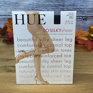 HUE Size 3 Large So Silky Sheer BLACK Control Top Pantyhose 10762 Nylons - Picture 1 of 6