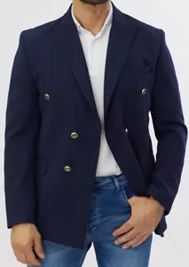 Designer Blau Zweireiher Doppelreiher Sakko Goldene Knöpfe Tailliert Slim Fit - Bild 1 von 5