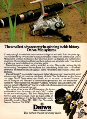 Anuncio impreso de carretes Daiwa Minisystems 1979, anuncio de carretes de pesca giratorios cara abierta Foto 1 de 3