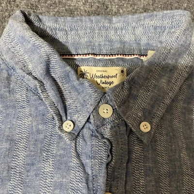 Weatherproof Vintage Shirt Mens Large Blue White Striped Button Linen Washable - Image 1 of 4