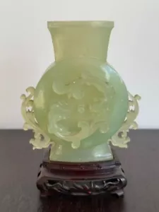 Antique Chinese Green Jade Hand Carved Vase With Stand Qing Dynasty - Picture 1 of 8