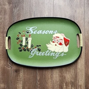 MCM Tilso Christmas SEASONS GREETINGS Tray 17.5" Long Santa Clause Holly Japan - Picture 1 of 4