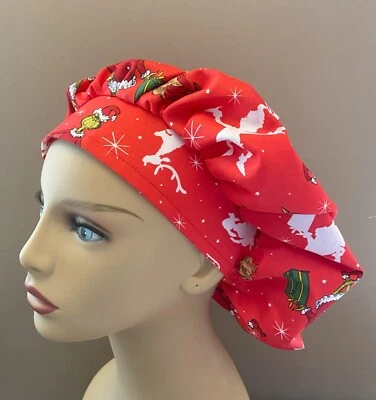 Christmas Grinch Bouffant surgical scrub hat women made with Christmas Fabric - Image 1 of 3
