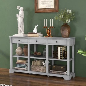 Retro Console Table 146cm Long Rectangular Entryway Sofa Table w/Storage-Grey - Picture 1 of 11