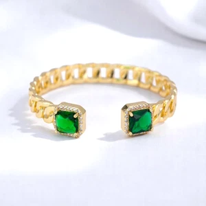 Gold Plated with Green Cubic Zirconia Curd Link Cuff Bangles Bracelets - Picture 1 of 6