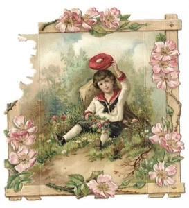 Enfant Marin Bonnet Pompom rouge Bouquet de fleurs - Chromo Découpi - Trade card - Picture 1 of 2
