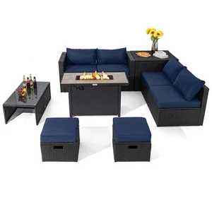 9PCS Patio Rattan Furniture Set Space Saving 42” Fire Pit Table Cover Navy - Picture 1 of 10
