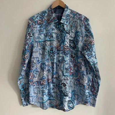 Camisa de vestir Robert Graham XL colorida floral cachemira azul rojo naranja abotonada Foto 1 de 4
