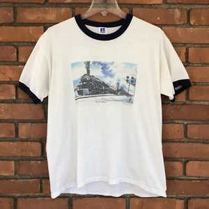 Vintage LOCOMOTIVE Train T-shirt A And The J New Jersey Large 90s Graphic Ringer - Picture 1 of 7