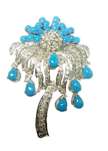 2.65ct Natural Round Diamond 14K BIS Hallmarked White Gold Turquoise Brooch Pin - Picture 1 of 5
