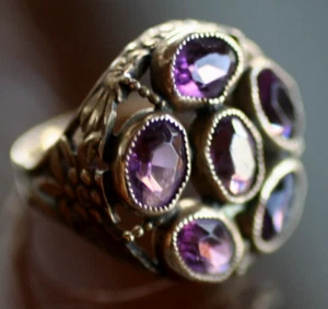 antique :* VICTORIAN 10K YELLOW GOLD w/6 AMETHYST STONES w/FLORAL PATTERN RING:* - Picture 1 of 14