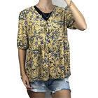 Jeanswest Women’s Top Blouse Mustard Print Yellow Blue Button Floaty Size S 8/10