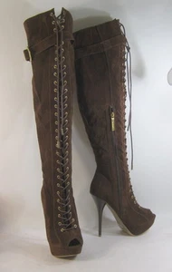 NEU Braun 5,5" High Heel Offene Zehenpartie Schnürung Overknee Stiefel DAMEN Größe 7,5 - Bild 1 von 5