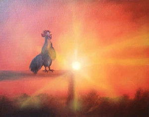 Original oil painting Rooster at sunrise Birds Wall art Handmade 9,4x11,8 in - Picture 1 of 6