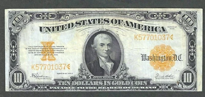 1922 $10 GOLD CERTIFICATE LARGE SIZE ~ GREAT COLOR ~ CRISP CHOICE VERY FINE - Image 1 of 2
