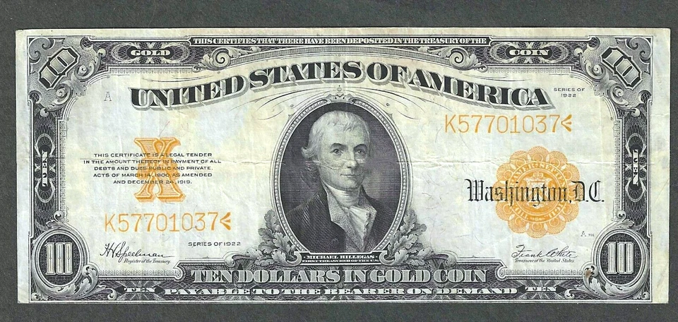 1922 $10 GOLD CERTIFICATE LARGE SIZE ~ GREAT COLOR ~ CRISP CHOICE VERY FINE - Image 1 of 2