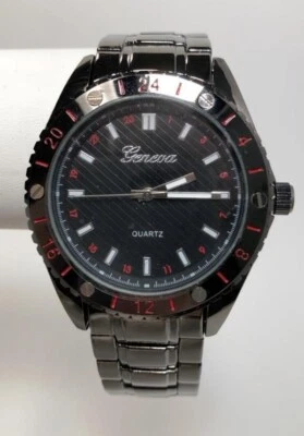 NUEVO Reloj Geneva Platino 2841 Para Hombre Basilea Pulido Acero Gunmetal Acento Rojo Foto 1 de 4