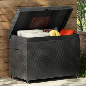 230 Gallon Wicker Deck Box with Wheels, All-Weather Outdoor Rattan Storage Bin - Picture 1 of 24
