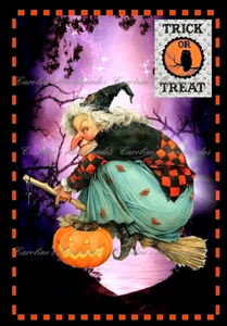 Character Halloween Witch On Broom Designer Cotton Fabric Quilt Block Multi-size - Picture 1 of 1