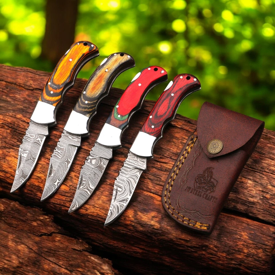 Navaja de Bolsillo Plegable Damasco Personalizada - Hoja EDC, Funda de Cuero Foto 1 de 4