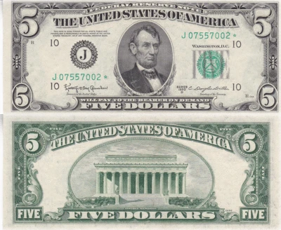 1950 D $5 Kansas City District Federal Reserve Star Note Fr 1965-J* Unc. #002 - Image 1 of 3