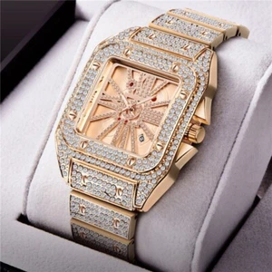 Luxury Ice out Diamond Men Watch Iced Quartz Cz King Bling Hip Hop Silver Square - Picture 1 of 17