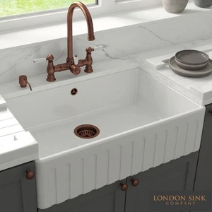 LSC Fluted Butler 795 1.0 Bowl White Ceramic Kitchen Sink with Copper Waste - Picture 1 of 11