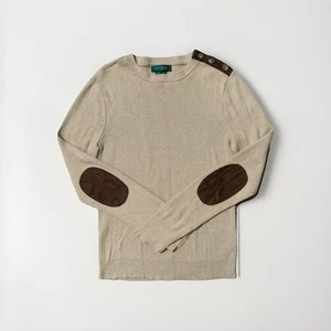Lauren Ralph Lauren Beige Sweater With Elbow Patch And Button Shoulder Size L - Picture 1 of 9