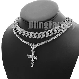 Travis Scott Cactus Jack Cross & 18" Iced Cuban & 1 Row Chain Hip Hop Necklace - Picture 1 of 12