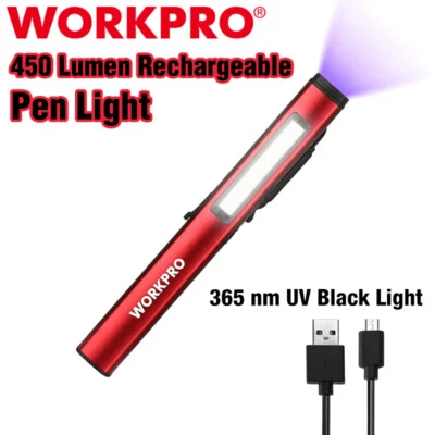 WORKPRO USB Rechargable LED Flashlight UV Black Light 450 Lumen Pocket Pen Light - Image 1 of 4