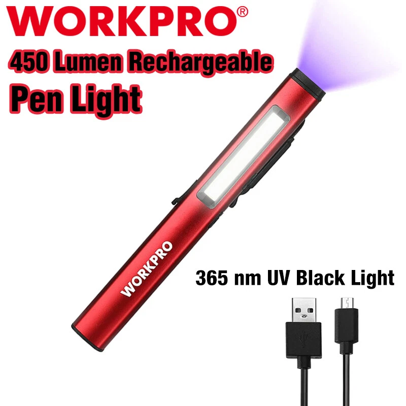 WORKPRO USB Rechargable LED Flashlight UV Black Light 450 Lumen Pocket Pen Light - Image 1 of 4