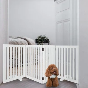 24" H Dog Fence Wooden Pet Gates 4 Panels Foldable Pet Gate 2PCS Support Feet - Picture 1 of 6