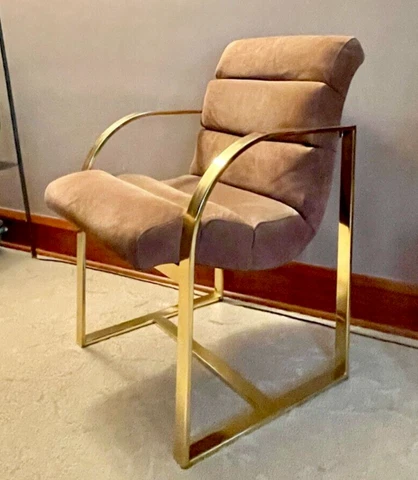 1970s Milo Baughman Thayer Coggin Brass Flat Bar Dining Chair Dusty Rose Fabric Cover
