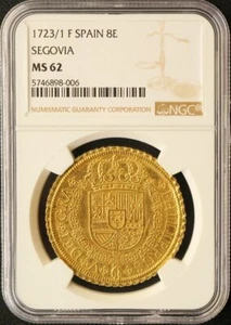 Antique Coin 1723/1 F Spain Felipe V Segovia Mint 8 Escudo Gold Coin NGC MS62 - Picture 1 of 2