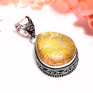 Golden Rutile Quartz Vintage Handmade 925 Silver Plated Pendant 1.6" GSR-7134 - Picture 1 of 2