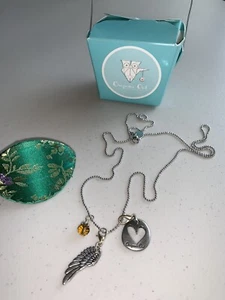Origami Owl 3 Charms 30" Necklace Angel Wing Heart Amber w/Asian Print Gift Box - Picture 1 of 6