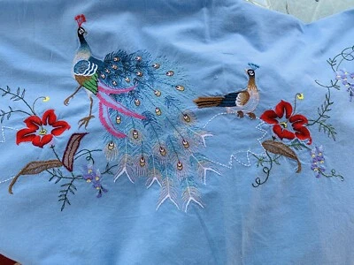 PEACOCKS TABLECLOTH ARABIC “GOOD MORNING”EMBROIDERED RUFFLED BLUE 54 X 78” - Image 1 of 4