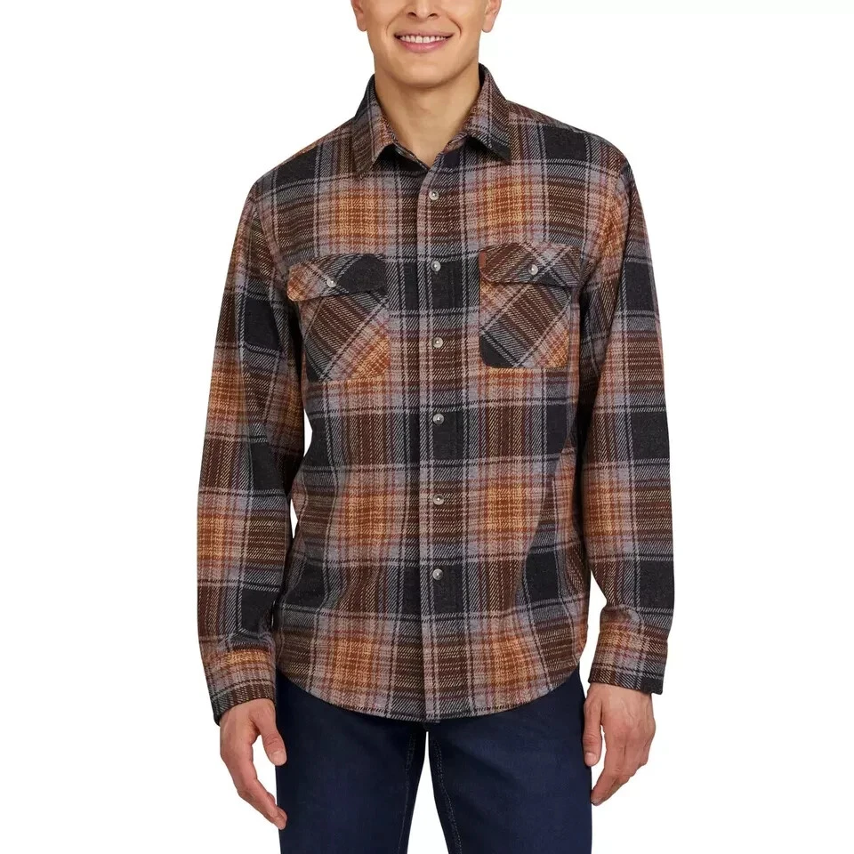 Chaps Men's Regular Fit Knit Flannel Shirt Brown Size S