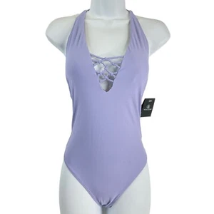 Volcom Swimsuit Women's Sz S Lilac Simply Solid Deep V-neck Halter 1 Pc $68 Nwt - Picture 1 of 13