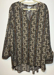 Catherines Damen 3X Braun Tunika Langarm Oberteil V-Ausschnitt Geometrisches Muster Bluse - Bild 1 von 6