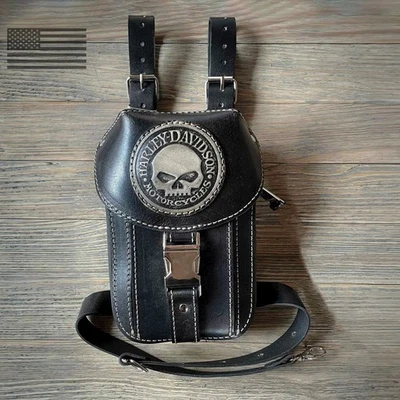 Biker bag Motorcycle Black  leather bag Leg Handmade hip bag Skull Foto 1 de 4
