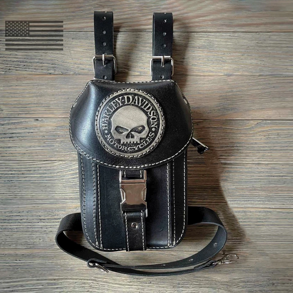 Biker bag Motorcycle Black  leather bag Leg Handmade hip bag Skull - Image 1 of 4