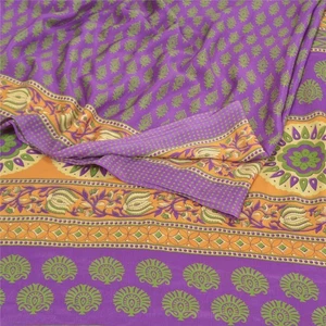 Sanskriti Vintage Purple Sarees Moss Crepe Printed Sari 5Yd Decor Craft Fabric  - Picture 1 of 8