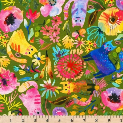 Whisker Wonderland Olive Main Floral Cats 2328-449 Cotton Fabric By half yard - Image 1 of 4