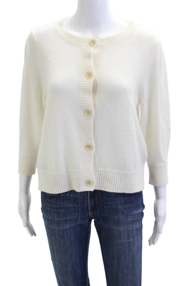 Cardigã feminino Allude suéter cashmere branco gola redonda manga 3/4 botão tamanho P - Imagem 1 de 4
