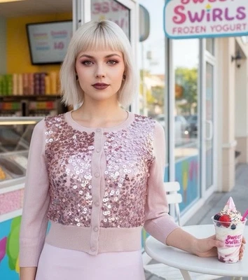 Cárdigan Rosa Pastel Acanalado Manga 3/4 Lentejuelas Glam Talla M Foto 1 de 4