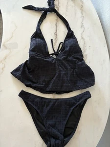 Samiol Medium Black Deep V Plaid Tankini Swimsuit New 2 Piece - Picture 1 of 17
