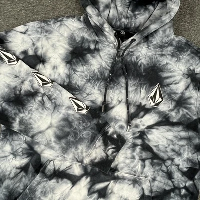 Volcom Hoodie Mens Medium Black Gray Tie Dye Pullover Fleece Skate Sweatshirt - Image 1 of 4