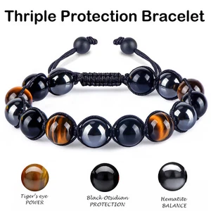 3 Triple Protection Black Onyx Healing Tiger's Eye Magnetic Hematite Bracelets - Picture 1 of 6